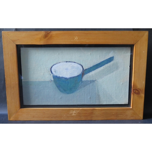 82 - Peter Burgess, The Blue Pan, oil on board, 33x27cm, framed & glazed. Titled verso