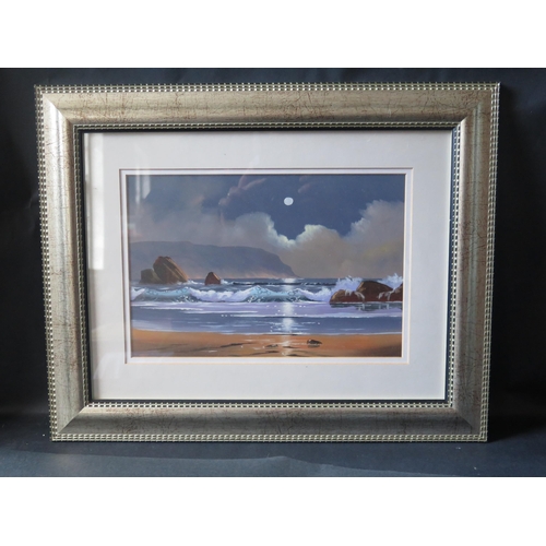89 - Michael J. Pool, Moonlight Seascape, gouache, 30x20cm, framed & glazed