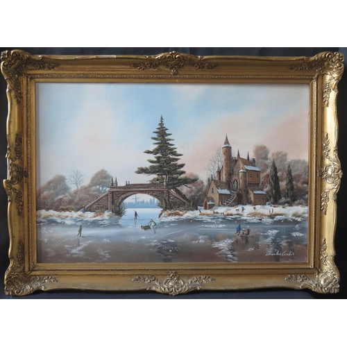 94 - Charles Comber, traditional snowy skating scene, oil on canvas, 74.5x49cm, framed