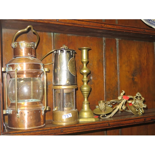 737 - An ECCLES Protector Lamp & Lighting Co. Mining Lamp, ship's lamp, pair of piano candle sconces and b... 