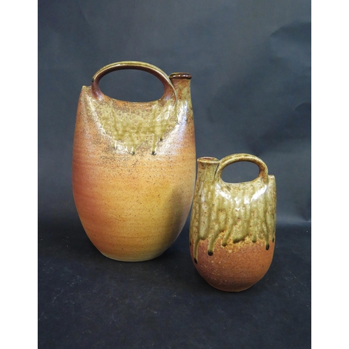 144 - Two John Leach Muchelney Pottery Stoneware Flask Vases (tallest 29cm)