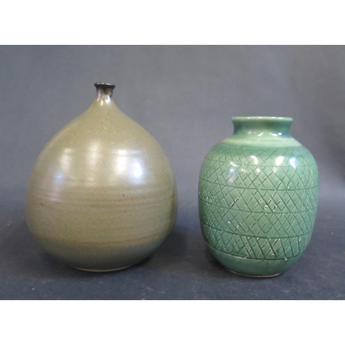 148 - A Studio Pottery Pinch Necked Vase with Impressed mark to base (18.5cm) plus one other.