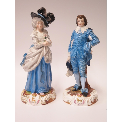 353 - A Pair of 19th Century Berlin Porcelain Figurines, female with heraldic crest of Cavendish family an... 