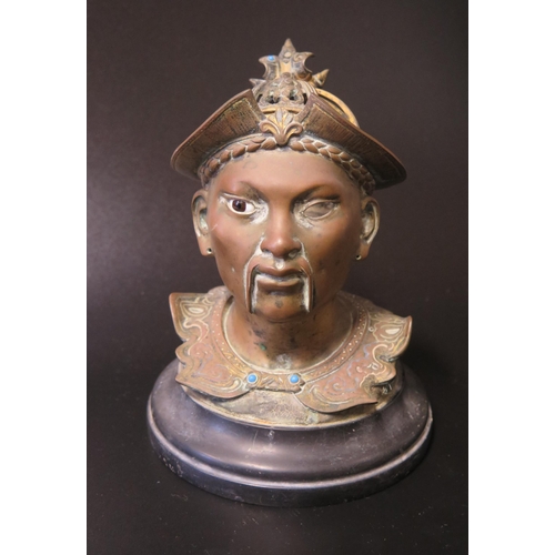 541 - A 19th Century Bronze Inkwell modelled as a Chinese man with glass eye and turquoise inlay, 16.5cm t... 