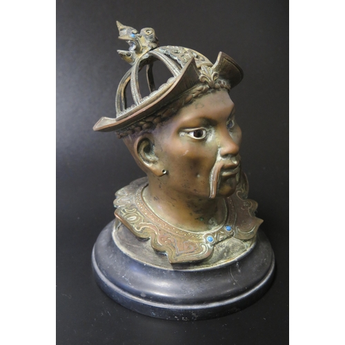 541 - A 19th Century Bronze Inkwell modelled as a Chinese man with glass eye and turquoise inlay, 16.5cm t... 