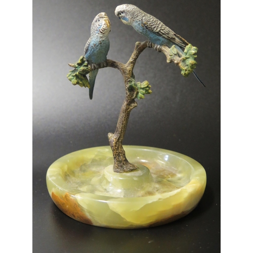 546 - An Original Cold Painted Bronze and Onyx Dish modelled as a pair of Budgerigars on a branch, 14cm

*... 