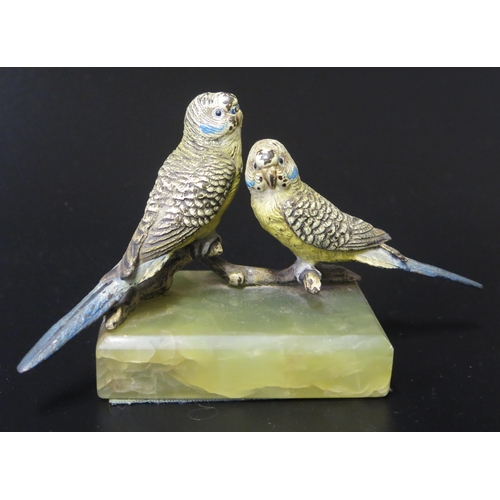 549 - A Cold Painted Bronze Group modelled as a pair of budgerigars on an onyx base, 16cm wide