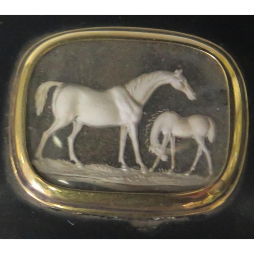 551 - A 19th Century Papier Mache Hinged Snuff Box mounted with a glass sulfide panel with mare and foal, ... 