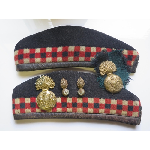 578 - Two Early Royal Scots Fusiliers Forage Caps, one with cap badge attached, one loose and two other ba... 