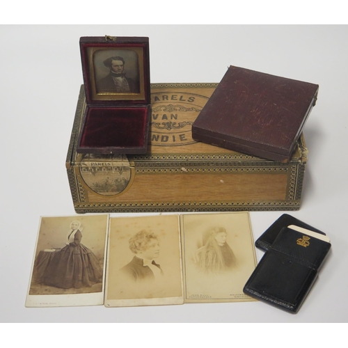 591 - A Cased 19th Century Tinted Daguerreotype 5x4cm, carte de visite, Leuchars leather card case, etc.