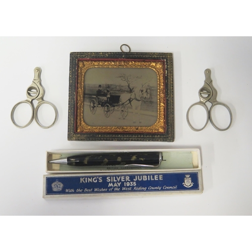 597 - A 19th Century Framed Photograph of a horse and carriage (10x8.5cm inc. frame), pair of cigar pierci... 