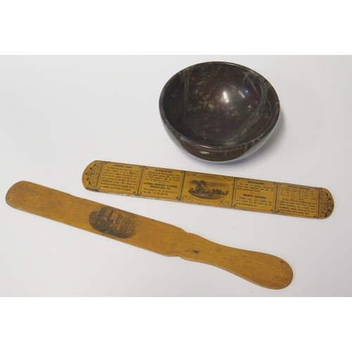 601 - A Mauchline Ware WINSOR Page Turner, one other with Promenade Pier Blackpool and 11cm serpentine bow... 