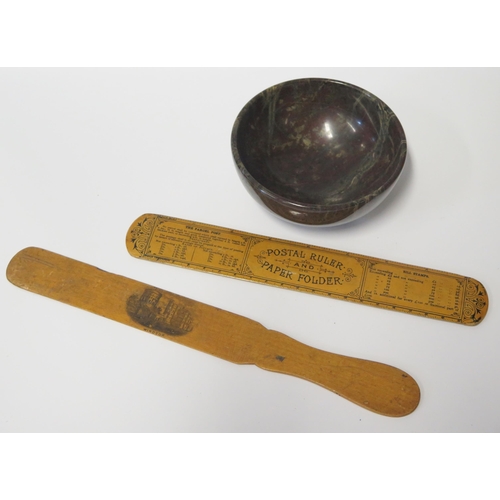 601 - A Mauchline Ware WINSOR Page Turner, one other with Promenade Pier Blackpool and 11cm serpentine bow... 