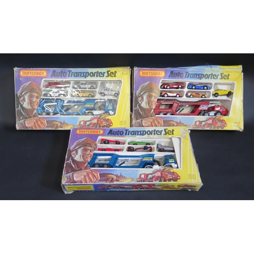 1002 - Three Matchbox Superfast G-1 Auto Transporter Sets. Models are fair to mint in poor boxes.