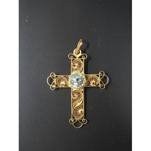 1917 - A Gold Filigree and Aqua Marine Cross Pendant, 48mm drop, 3.2g