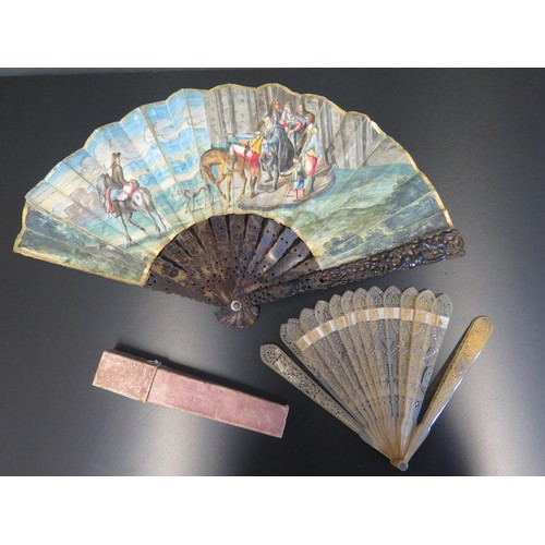 773 - A Carved Tortoiseshell and Painted Fan and horn brisé fan and others. A/F