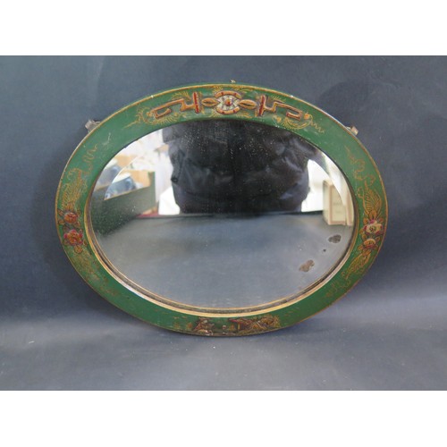215A - A Green Japanned Chinoiserie Decorated Wooden Bevel Edge Oval Mirror. (29cm x 24cm)