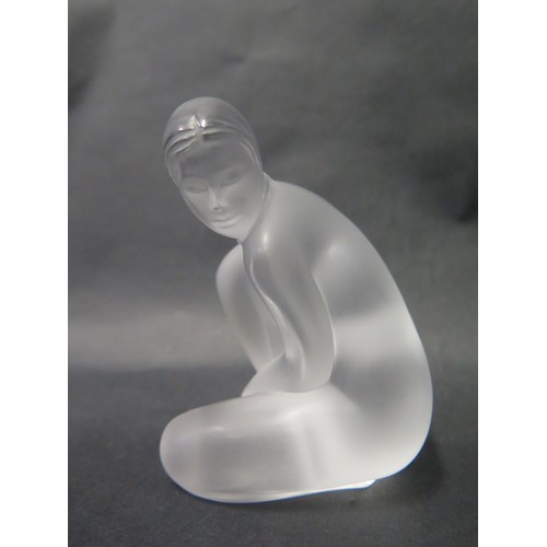 403 - A Modern Lalique Frosted Glass Figurine of a nude kneeling lady, 10cm, boxed