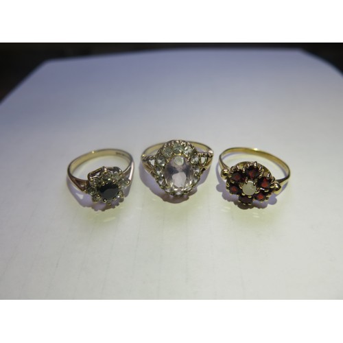 1715 - Three 9ct Gold Cluster Rings, size P, O.5 and M