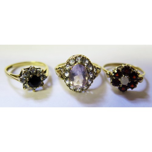 1715 - Three 9ct Gold Cluster Rings, size P, O.5 and M