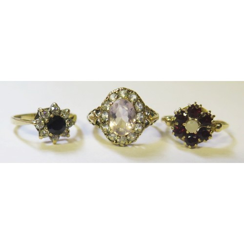 1715 - Three 9ct Gold Cluster Rings, size P, O.5 and M