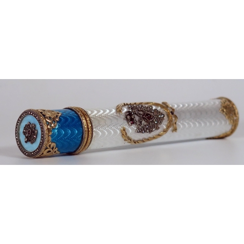 1 - A Fabergé Silver Gilt Scroll Holder with guilloché enamel, rose cut diamond and cabochon jewel set d... 