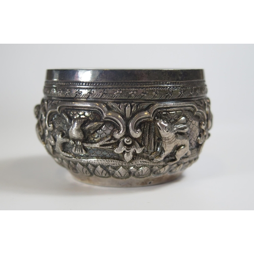 131 - A Pair of Indian Silver Bowls with embossed decoration, 7.5cm wide, 66g