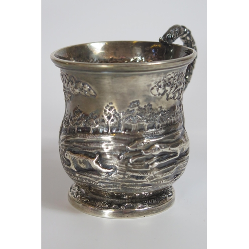 148 - A Victorian Silver Christening Mug with embossed hare coursing scene, London 1840, Francis David Dex... 