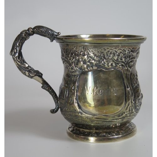 148 - A Victorian Silver Christening Mug with embossed hare coursing scene, London 1840, Francis David Dex... 