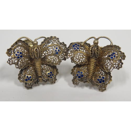 169 - A Silver Gilt Filigree and Enamel Charm Bracelet, pair of butterfly screw back earrings and one othe... 