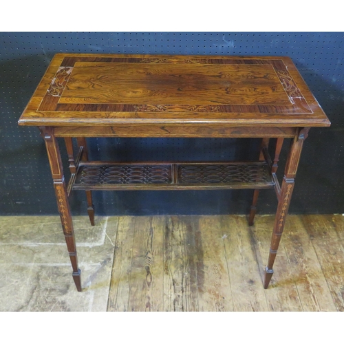 1871 - A Victorian Rosewood and Marquetry Inlaid Occasional Table with fretwork shelf below, 74(w)x70(h)x40... 