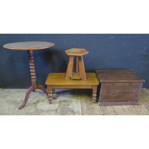 1882 - A Victorian Carved Oak Stool, one other stool, pine box and tilt top occasional table