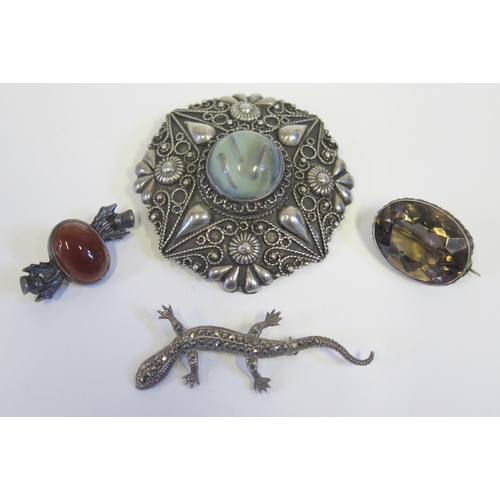 196 - A Greek .800 Silver Shield Brooch (5.5cm), smoky quartz brooch and two others