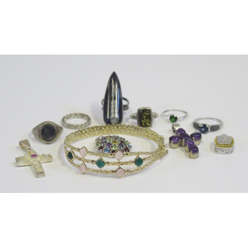 198 - A Silver Gilt and Paste Hinged Bracelet and other silver jewellery, fossil mounted silver ring, 76g