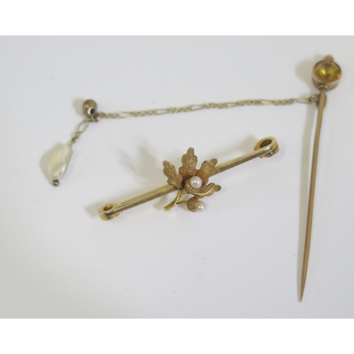 218 - An Unmarked 9ct Gold and Pearl Oak Leaf and Acorn Brooch and unmarked gold pin, 4.5g