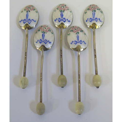 26 - A Set of Five George V Silver and Guilloché Enamel Coffee Spoons, Birmingham 1932, T&S, 47g