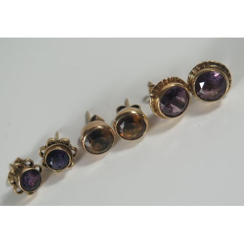 277 - Two Pairs of 9ct Gold and Amethyst Stud Earrings and one pair of 9ct gold and citrine, 7.8g