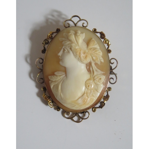 281 - A 9ct Gold Mounted Shell Cameo Brooch decorated with a classical female bust, 51x39mm, 10.6g