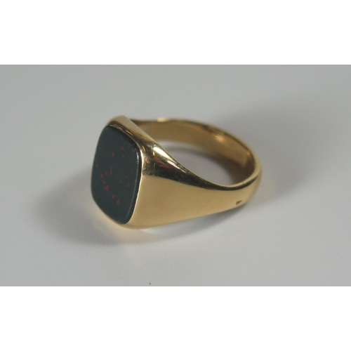 287 - An 18ct Gold and Bloodstone Signet Ring, 11.5x10mm stone,  size N.5, 7g