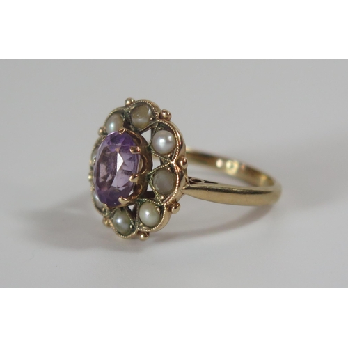 294 - An Amethyst and Pearl Cluster Ring in an unmarked gold millegrain setting, 15x14mm head, size K, 3.3... 