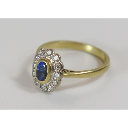 304 - A Pretty 18ct Gold, Sapphire and Diamond Cluster Ring, 11x9mm head, size K, 2.9g