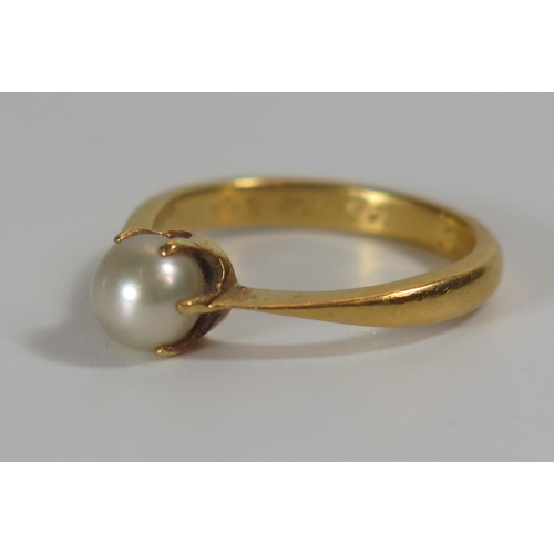 308 - A 22ct Gold and Pearl Solitaire Ring, 5.5mm pearl, size K.5, 3.5g