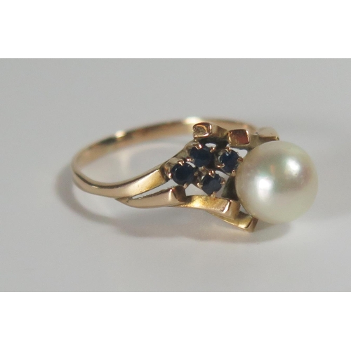 315 - A Five Stone Pearl and Sapphire Ring in an unmarked gold setting, 6.5mm pearl, size N.5, 2.5g