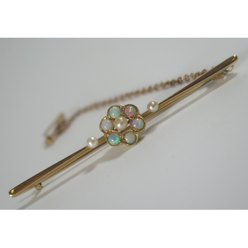 322 - A Cased 15ct Gold, Opal and Pearl Bar Brooch with safety chain, 60.5mm, 4.4g