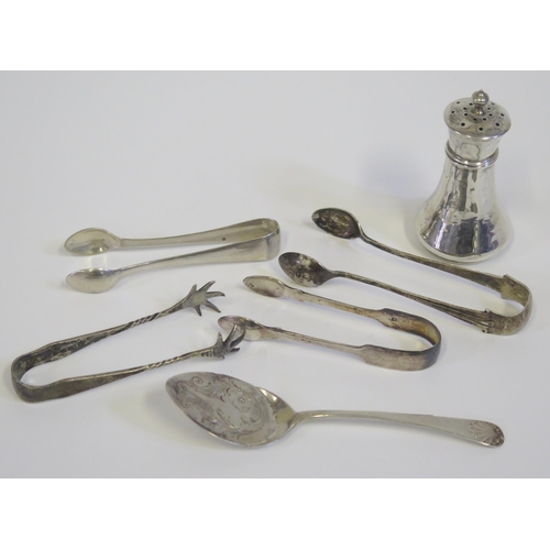 33 - Four Pairs of Silver Sugar Tongs, spoon and pepper, 108g
