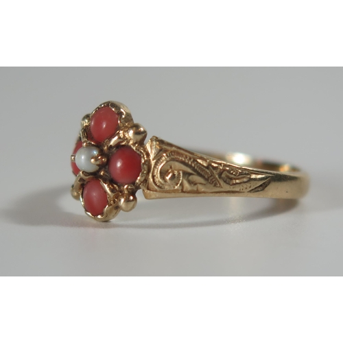 346 - A 9ct Gold, Coral and Pearl Ring, size N.75, 2.3g