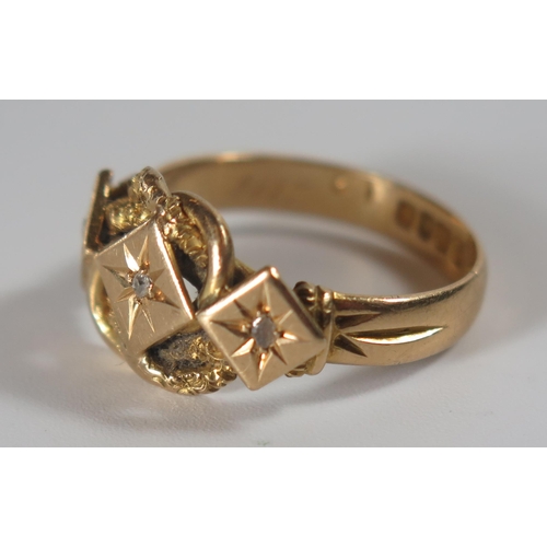 358 - A Victorian 18ct Gold and Diamond Three Stone Keeper Ring, London 1877, size O, 4.8g