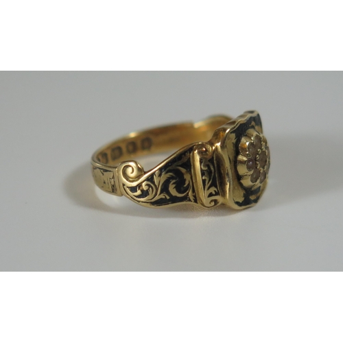 359 - An Early Victorian 18ct Gold, Enamel and Pearl Memorial Ring, London 1838, WD, size M.5, 4.2g