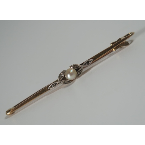 363 - A 15ct Gold, Pearl and Rose Cut Diamond Bar Brooch (54mm, 3g) and two gold pins (1.9g)