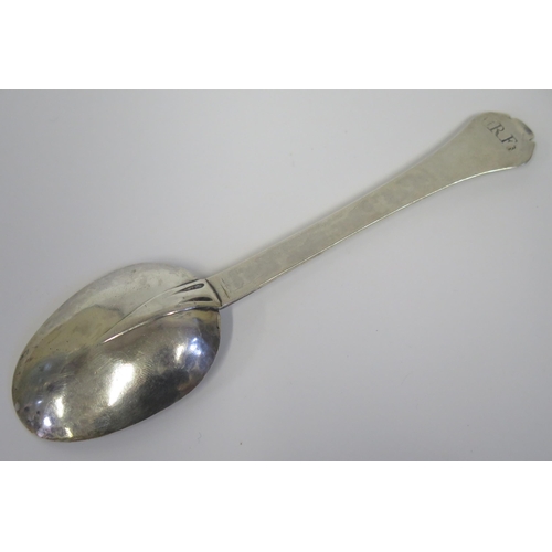 83 - An Unmarked 17th Century Silver Trefid Rat Tail Spoon with contemporary inscription, 17.5cm, 47.4g